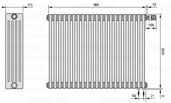 Схема (чертеж) Радиатор Zehnder Charleston 5200/21 №V002 Белый глянцевый RAL 9016